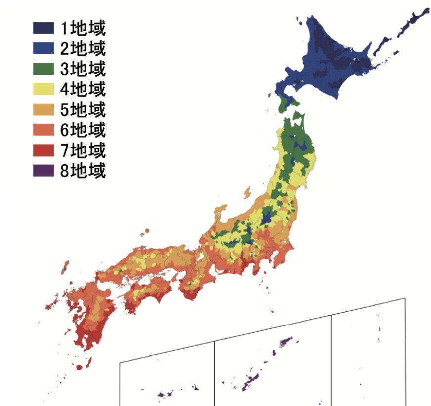 断熱性能の1地域～8地域の区分